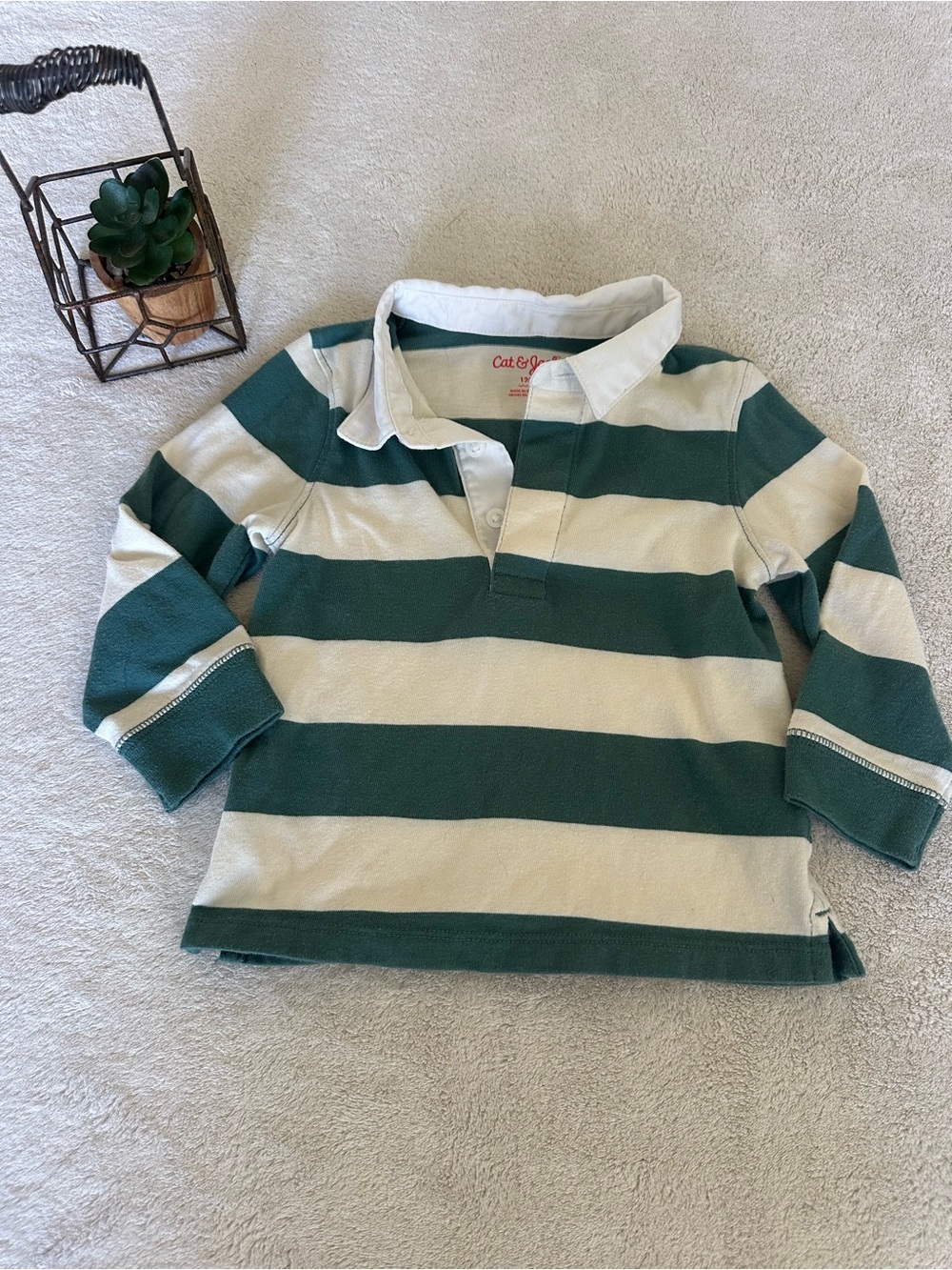 🦋Green and Cream Striped Rugby Polo